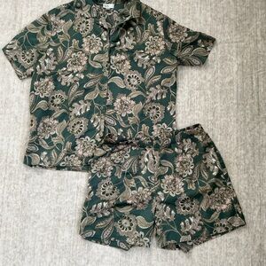 Floral Green Short Sleeve Shirt and Shorts PJ Set
